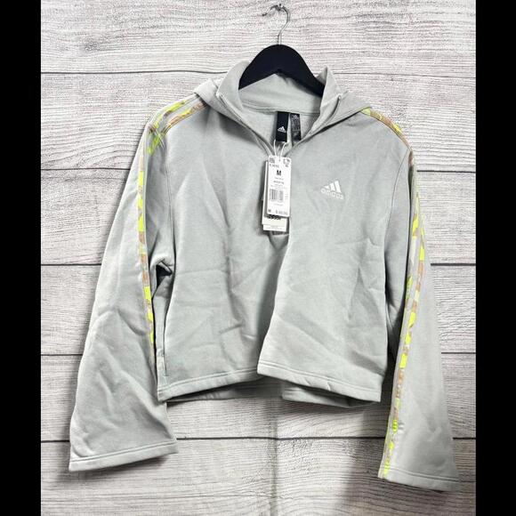 Adidas Wonder Silver Floral Graphic 3 Stripes Fleece Hoodie Women Size Medium - Picture 1 of 3